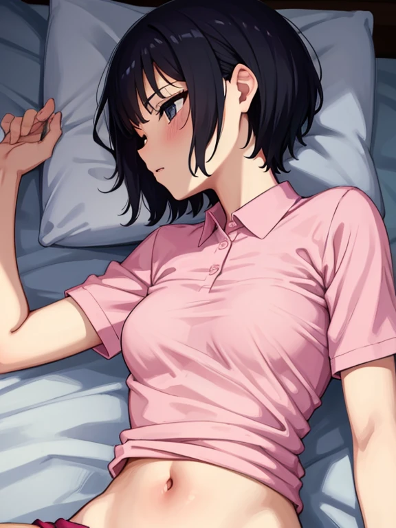 1. Beautiful girl in a pink polo shirt, short hair, Small breasts,Black Hair, No underwear, Hospital Beautiful Cute High Quality Short Sleeves Sleeping in Bed Sleeping Naked Examination Prank Feeling