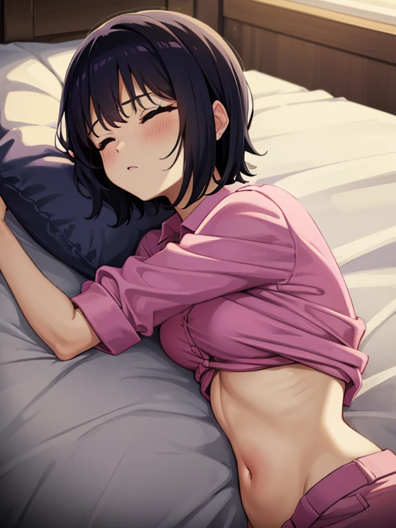 1. Beautiful woman in a pink polo shirt, short hair, Small breasts,Black Hair, Hospital Beautiful Cute High Quality Sleeping in bed Sexy Navel Black panties Kissed