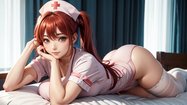 nurse woman,Nurse hat,Poor milk,A pink-haired,with brown eye,Sexy pose,Attractive,Seductive posture,Pure face,microkini,Chest out,Goddess of desire,Shiny skin,Highly detailed ArtGerm,spread their legs