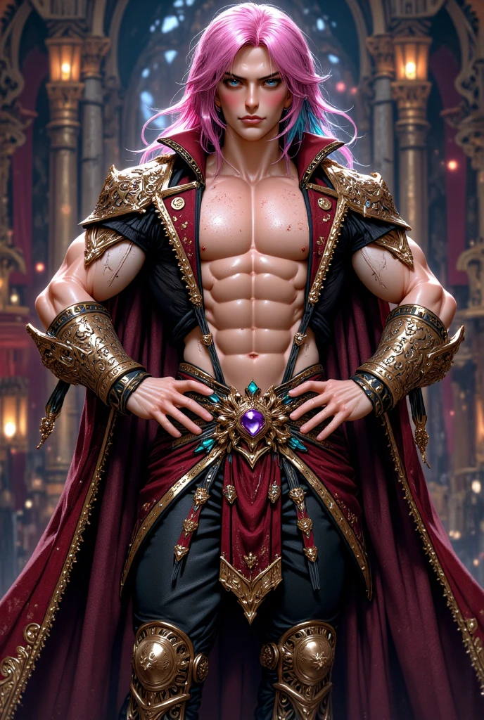 (8k,shipmentsrrealista shipments Maximum quality;1.4) (1 young boy) Super handsome king of the underworld (lifelike face) (long hair, red floral hair) slenderbody Muscular and hairy and macho Gold floral aristocratic outfit with big gold eyes golden floral decoration Fangs peeking out of the mouth Pointed claws a seductive gaze Beautiful expression A hyper-realistic (King of the Underworld) appealing (real looking skin) super high resolution high détail Luxury pink floral pants rose gold aura emanating from the body effect gold floral transparent cover