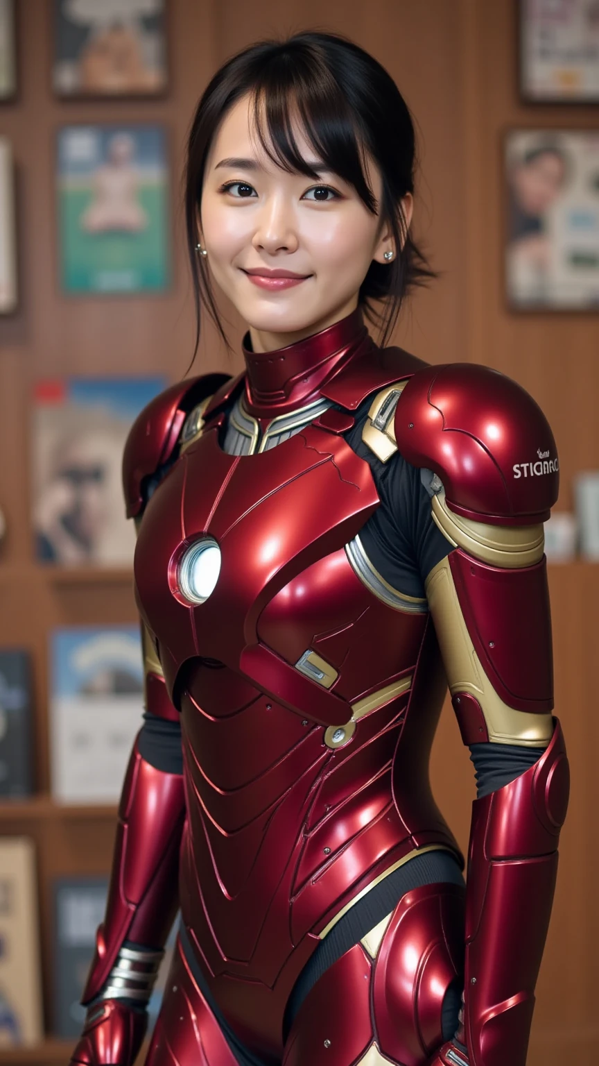 (a gorgeous lady, wearing cosplay of Iron Man MK 7 Suit, md mecha, Cowboy Pose under snow, dimpled smile, short bob hair, cute snaggleooth, beautiful detailed eyes, photorealistic, hyper-realism, high contrast, ultra HD, realistic skin textures, top image quality, top-quality, super high resolution, fine details, very meticulously, the Cowboy shot, bokeh background)