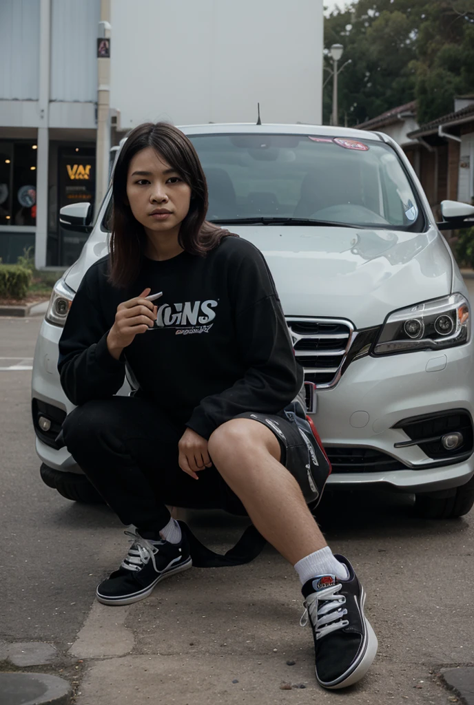 A beautiful, slightly overweight Taiwanese woman wearing a white tank top with the name "SENTON" written on it. Mini skirt, sneakers, sitting on motorcycle YAMAHA VEGA, Black with Red and Silver accents. with the number plate “M 4NTA P”. Located on the outskirts of urban areas which are busy at night.