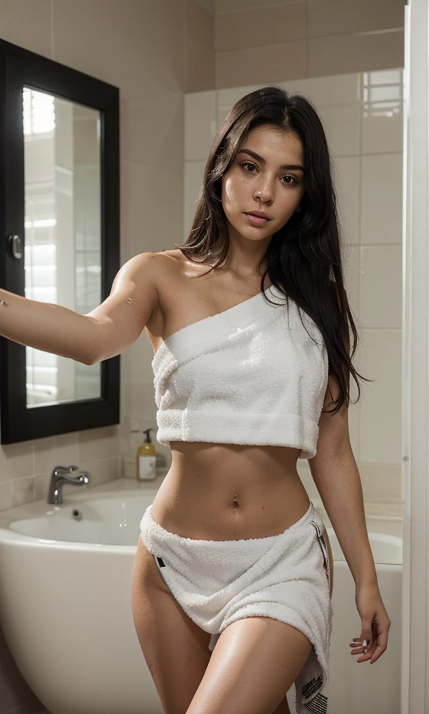 Gal gadot with too fair skin and skinny body with flat chest. With her flat chest. Too skinny legs and hands with skinny figure. [Detailed. 4k rendering. With high resolution.] With luxurious makeup and red lipstick. Her whole body is oily and wet. Her face with dark bavk and purple bruises. As she is cry her lungs out nd screaming. In a dirty toilet.