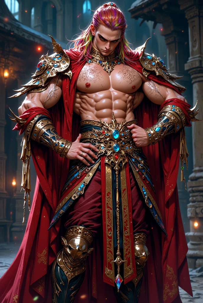 A 30-year-old man, standing with his eyes straight forward, an eriri and muscular body, wearing a dragon-shaped arm ornament, a gold belt, black pants of orange cloth