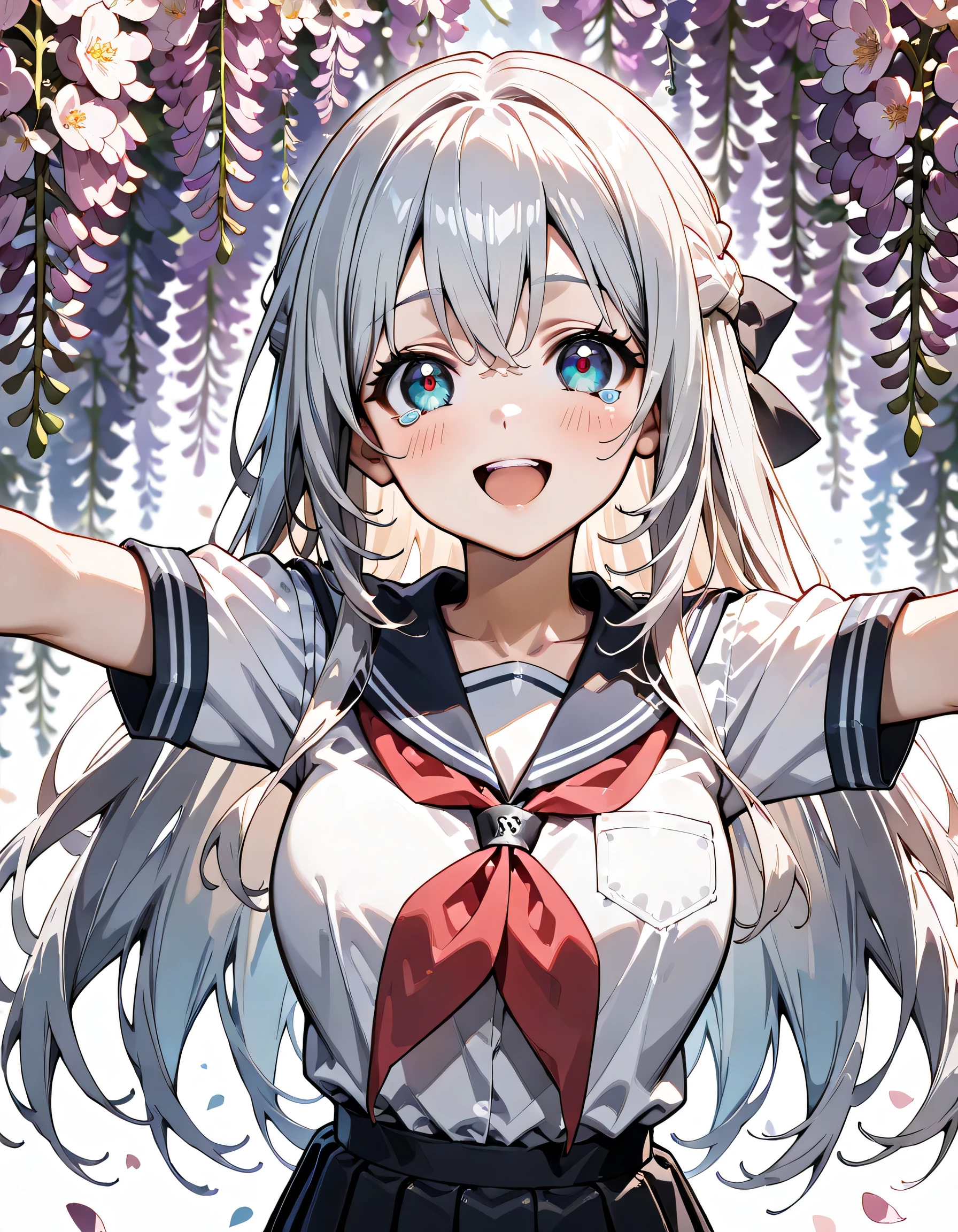 ((ultra-detailed)), (highly detailed CG illustration), (best quality:1.2), ultra-highly detailed, colorful composition, artistic photoshoot, 1girl, solo focus, ((upper body)), moe anime character, girl, dainty facial structure, (baby face), (round face), ((rounded chin:1.2)), celia-default, celia claire, ((blue eyes:1.2)), ((sparkle eyes)), ((long silver hair)), ((half updo)), ((hair ribbon with red)), ((fluttering hair)), ample breasts, school uniform, sailor suit, traditional Japanese style with navy blue and white colors, ((cry with joy:1.4)), ((eyes are moist with tears:1.2)), ((happy:1.4)), ((joyful:1.4)), ((laughing:1.3)), ((blush:1.3)), ((looking viewer)), ((spread arms)), ((along the wisteria blossom tre:1.4)), ((wisteria blossom petals dancing:1.3)), from front, ((dynamic pose)), ((contrapposto pose)), best quality, masterpiece, expecting, pink cheek, blush, light pink gloss slip, portrait, depth of field, soft lighting, sidelighting, (shine), lighting, caustics, ray tracing, smile, perfect face, lustrous skin, highly detailed face, highly detailed eyes, perfect face, perfect nose, perfect hair, perfect eyes, perfect anatomy, beautiful hair, beautiful small face, extremely detailed face, beautiful detailed eyes, beautiful clavicle, beautiful body, beautiful ample breasts, leavage, breasts squeezed together, equalize the size of the left and right breasts, beautiful thin thighs, beautiful legs, beautiful fingers, 4 fingers, 1 thumb, lovely, (very detailed background:1.0), (highly detailed background:1.0), spring aesthetic, intricate details, joyful atmosphere, spring colors palette, chromatic aberration
