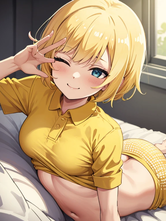 (best quality,ultrares,masterpiece:1.2) 1 feminine prepubescent boy , short messy spiky blonde hair, green eyes, tight green buttonup shirt, bulge, flustered, blush,, young virgin, , barefoot, spread legs, laying down on bed, sweating, otokonoko, very feminine body, wedgie, see-through bulge, fragile body type, anime style, very -like face, scared, see-trough nipples, ahegao, flat chest, no chest,
