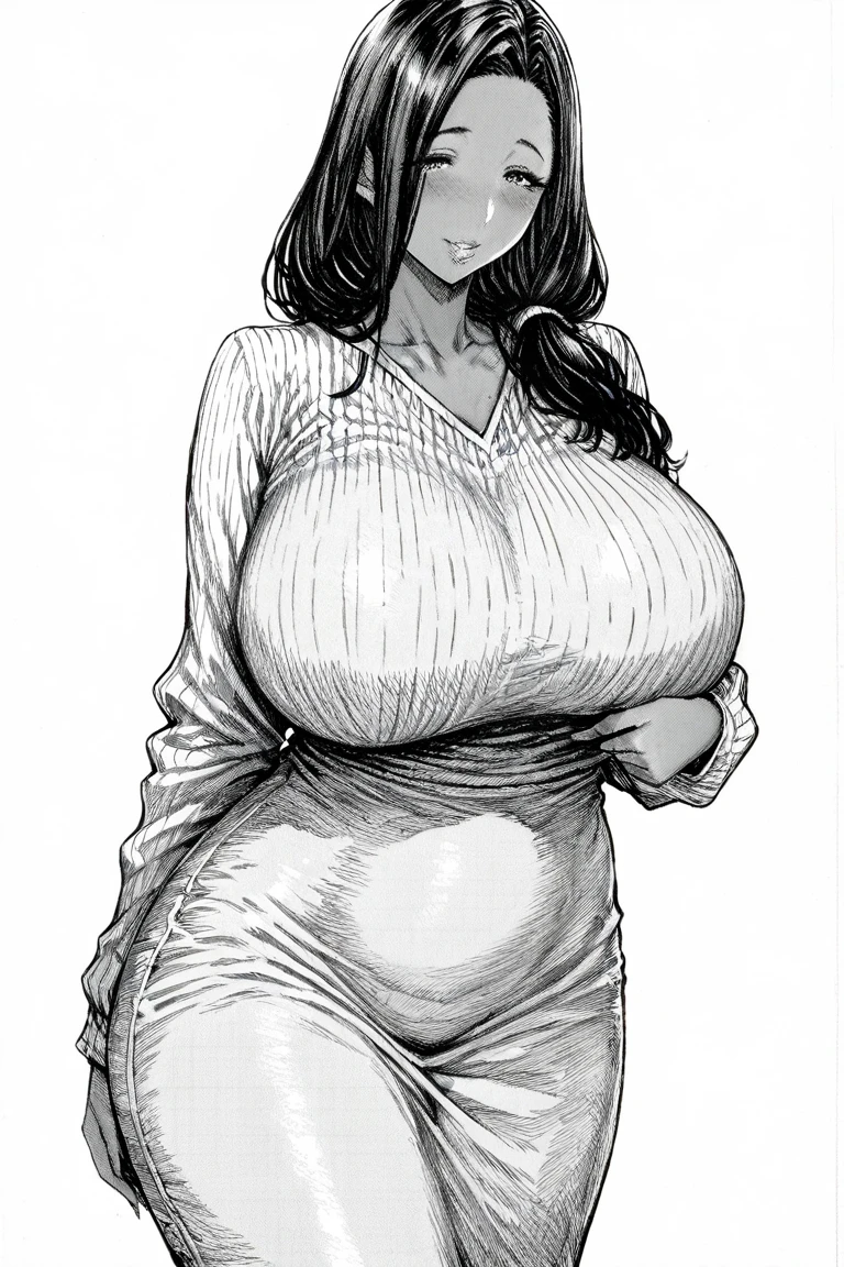 ((best qualityer)), ((anime lineart)), a tall woman with bangs and wavy hair, Naked, fat midriff, fat thighs, fat rounded hips, (fat belly:0.8)