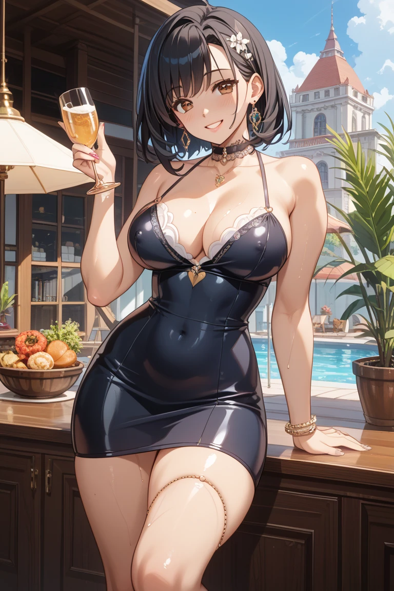 masterpiece, best quality, highres, 1girl, curly hair, black_cocktail_dress, legs_crossed, <lora:italianGoddess:0.6>