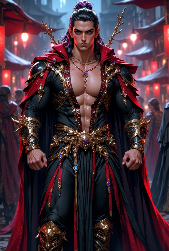 (absurdres, highres, ultra detailed), 1 male, beautiful,handsome, tall muscular guy, smooth skin, sexy gaze, mature, verious red and pink roses around him, the man is standing comfortably in the roses, from directly above, gorgeous, wet, model pose, colorful, artistic, depth of field, focus on his calm facial features, elegant look, looking at the viewers romantically, shirtless, bare body,