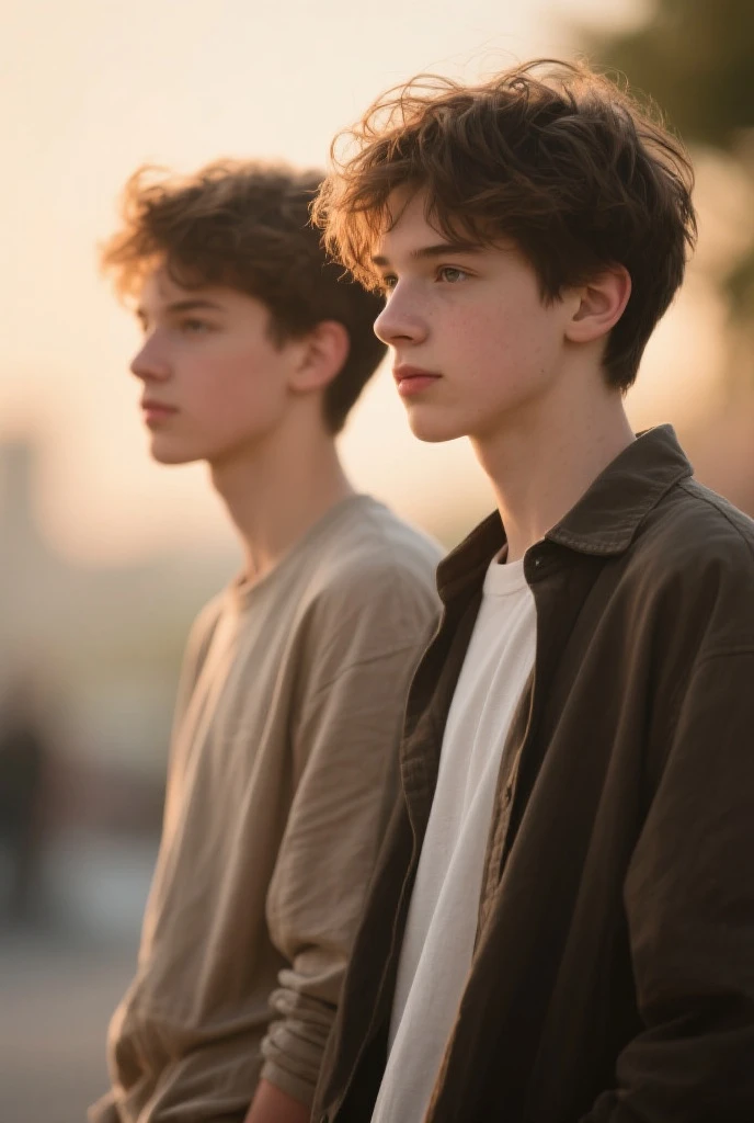 eastmancolor,  Photorealistic, highly detailed, intricatehiper realista two young men standing on a sidewalk talking to each other, two young men, cute boys, by Raphaël Collin, adrien girod, by Etienne Delessert, high quality film still, épaule devant pose, timothee chalamet, teenage boy, paris, beautiful boy, mixed art, high art, summer morning, very realistic film still