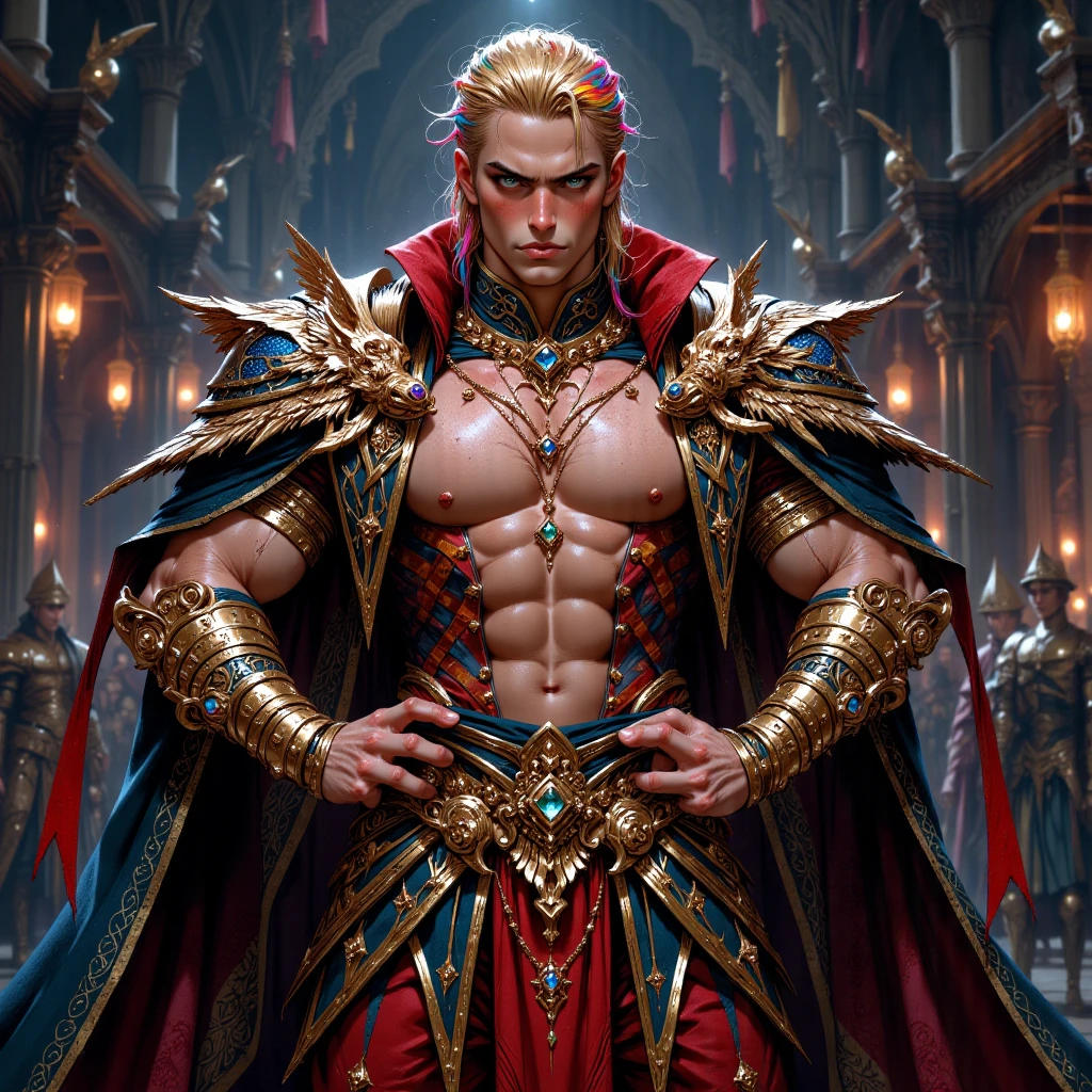 chiaroscuro technique on sensual illustration of an masculine, 26-year-old Italian male model, handsome Roman, (John Cena) he is the god of war, he is Ares, Mars, evil-looking, strong look, light blue eyes, strong jawline, dressed as a gladiator, ancient gladiator, male gladiator skirt, matte painting, by Harumi Hironaka, extremely soft colors, vibrant, pastel, highly detailed, digital artwork, high contrast, golden dramatic, refined, tonal, an intimate, seductive studio setting with a focus on sensuality and romance. Utilize soft, warm lighting that bathes the space in a gentle, inviting glow. Incorporate luxurious fabrics, plush furnishings, and a touch of decadence to evoke an opulent ambiance. The scene should exude an air of serenity and anticipation, inviting the viewer into a sensual and romantic space