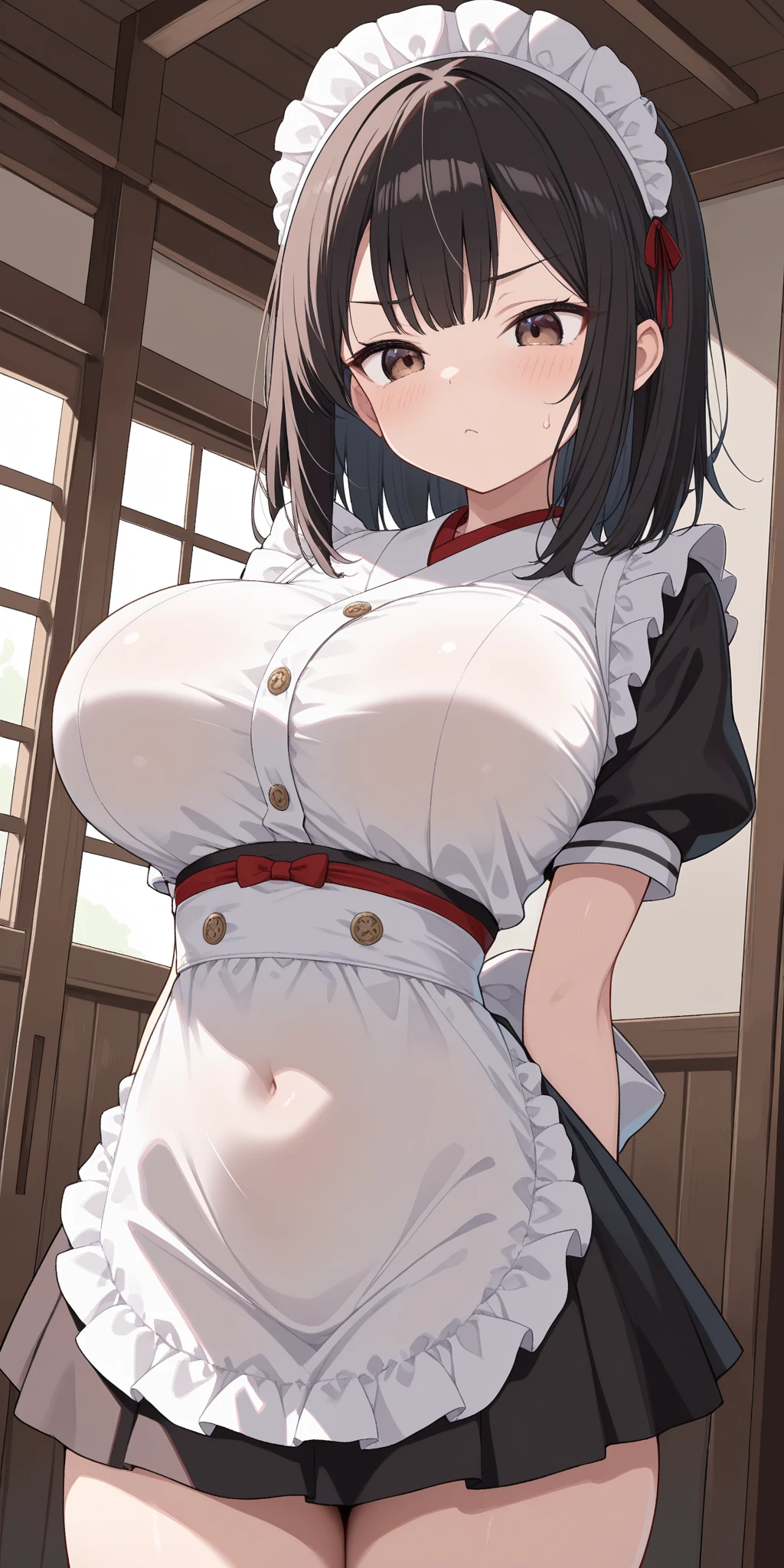 (nsfw:1.5),1girl,pov,black hair,light blue eyes,flustered,one-piece blackdress,(pov crotch:1),Embarrassed,big breast,maidapron,(White mob cap),puffy_sleeves,maid_apron, belt,thighhighs,masterpiece, best quality, very aesthetic, absurdres,(dress lift:1.5),(straight-on),(Panties)