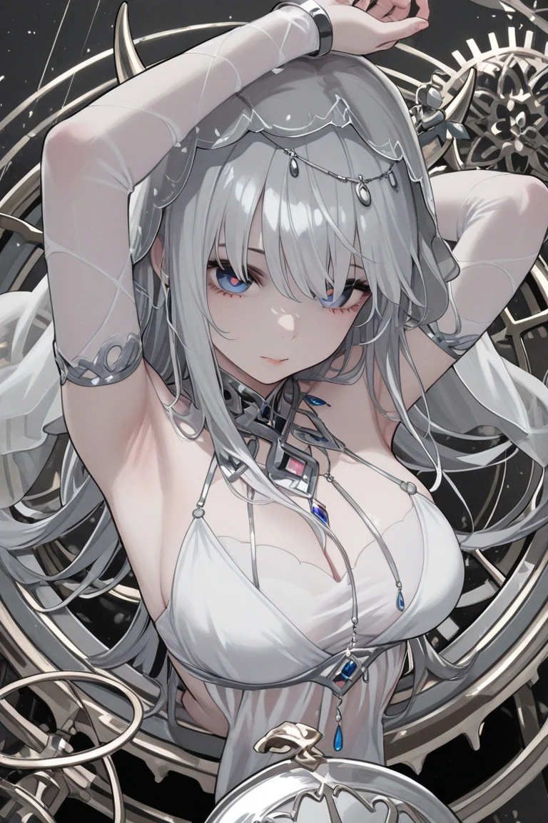 Pale skinned woman, cabelos negros e ondulados; olhos completamente negros; close no rosto.