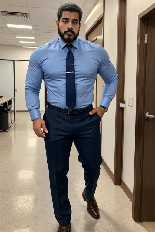 Fat Chinese man wearing light blue shirt and dark blue tie hurts his stomach