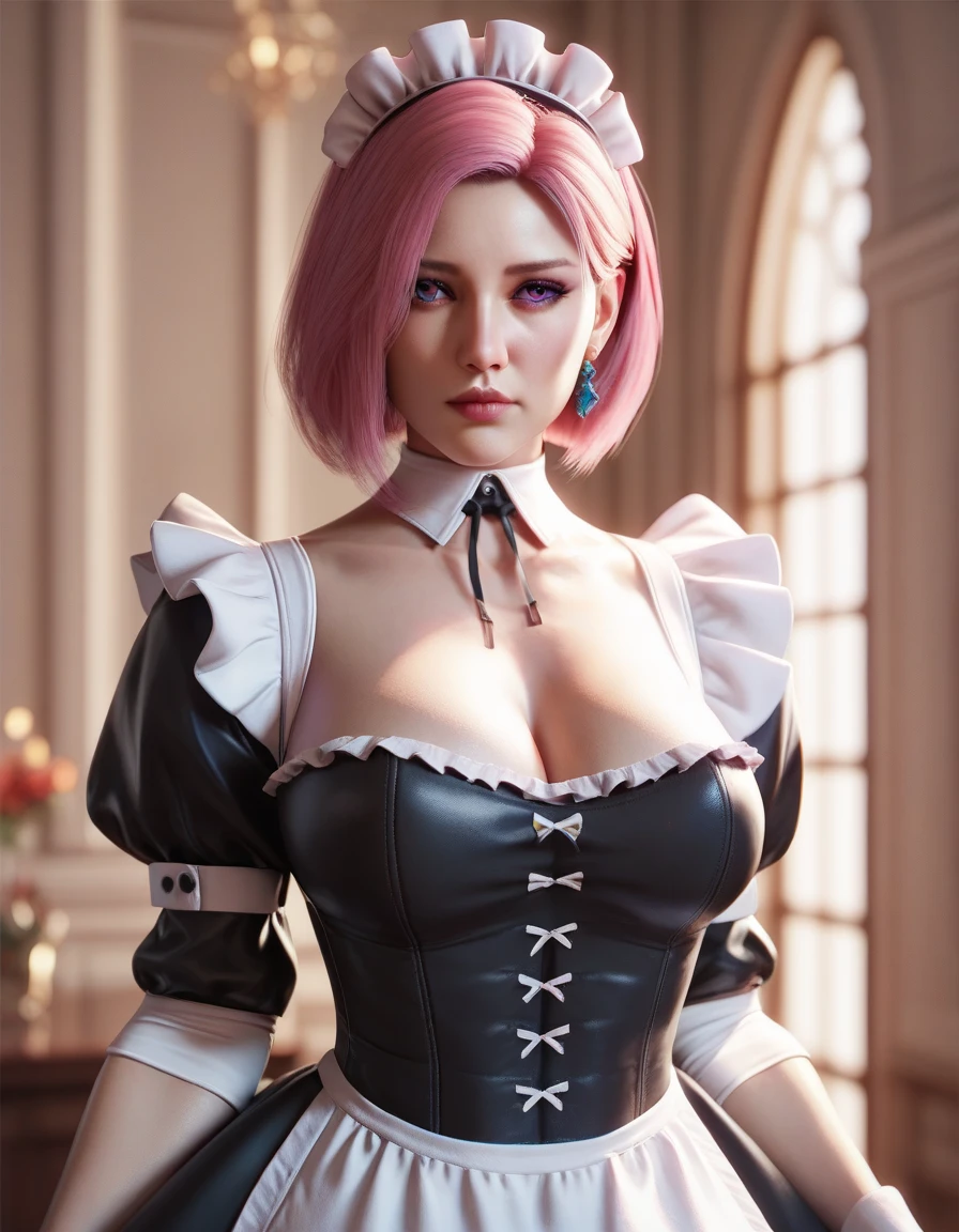 Close-up of a person with pink hair and white shirt, headdress, exaggerated big breasts, oversized tits, lace shirt, real, real person, perfect figure