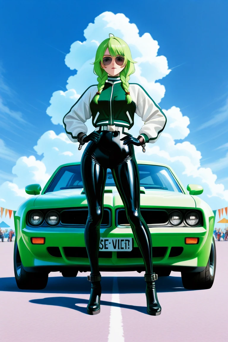 SpreadLegsCar, dside, 1girl, solo, in the car, car interior, solo, steering wheel, long hair, green hair, red eyes, shorts, shirt, sneakers, <lora:SpreadLegsCar:0.6>