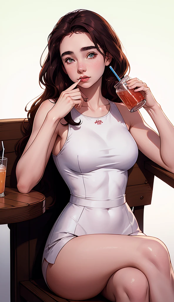 Drew Barrymore in tiny short drinkin a Coke, pin-up art