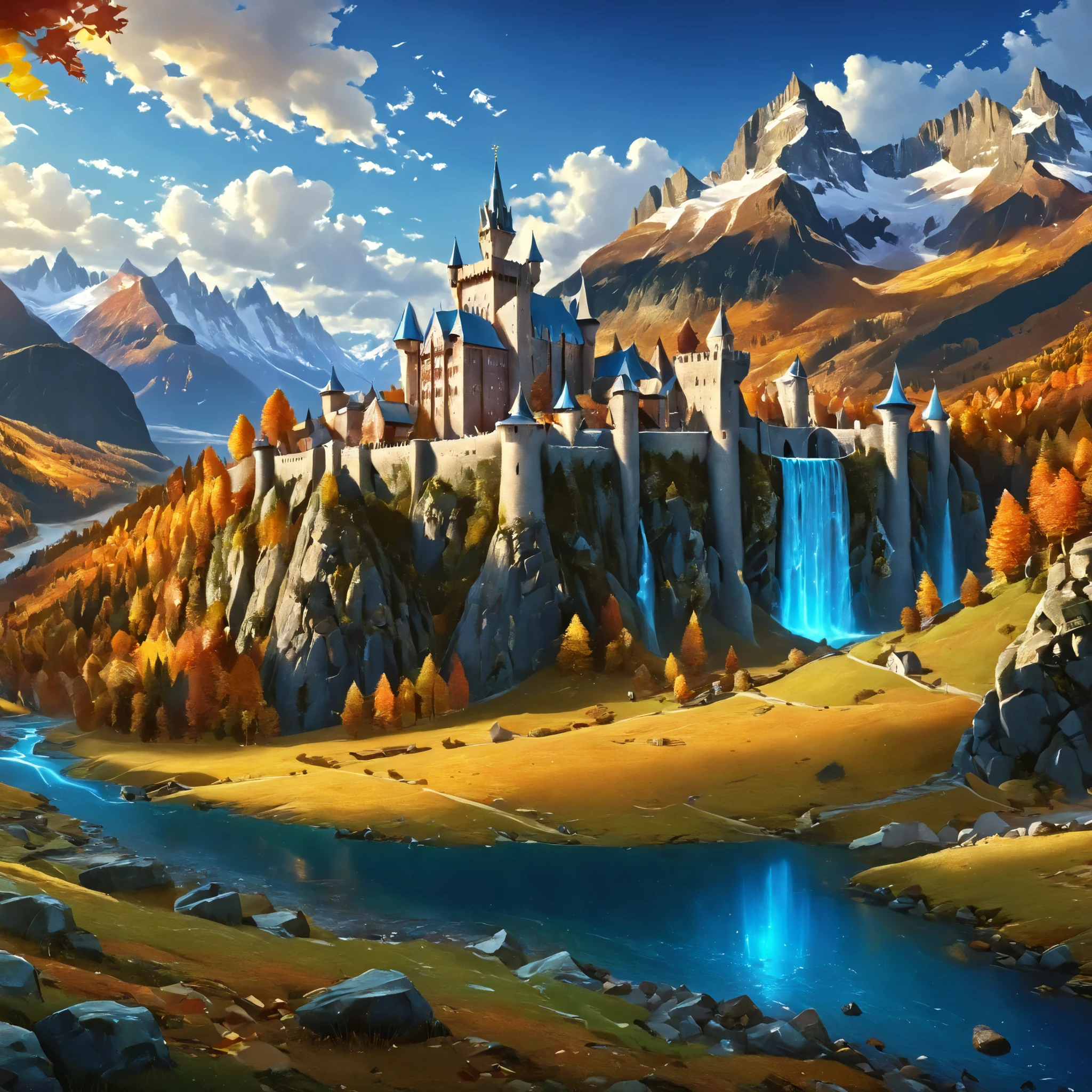(closed-up of massive kingdom on a flat field), fortress, mountains, castle beneath a waterfall, churches, towers, forts, high resolution castle, fantasy, digital painting style, realistic shadows, iray, massive autumn forests, autumn pine forest, detailed mountains, (cold autumn evening:1.3), twilight, 8k, 16k, highly Detailed, clear sky, fogless, masterpiece, Panorama, wide shot, outdoor, highres, absurdres, png, lossless, details, highly detailed, refined, complex, clear, clarity, lively, empty sky,