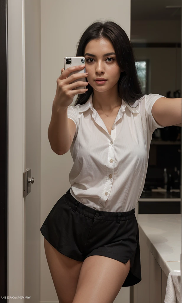 mulher araffed tirando uma selfie em um espelho em um banheiro, usando um top cropped sexy, thick glasses, With eye Glasses, selfie espelho, 18 anos, usando roupas simples e apertadas, vestindo camisa apertada, usando crop top, Estilo de Julia Razumova, cintura magra e quadris grossos, Bonito midriff, selfie de uma jovem mulher, foto de perfil