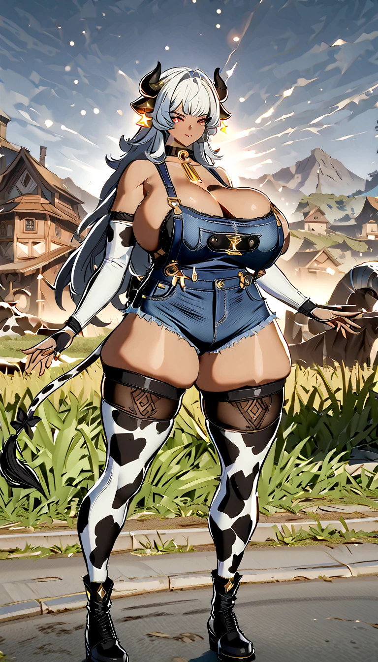 8k_wallpaper, extremely detailed eyes, extremely detailed body, (large masterpiece digital art), (detailed manga illustration), (detailed line art), ((perfect anatomy)), (intricate details:1.3), (ultra-detailed:1.3), (illustration:1.3), (sharp focus:1.3), (natural lighting:1.05), (vivid colors:1.3), (masterpiece), (best quality:1.4), (perfect anatomy:1.4), high quality, expressive eyes, full body, tall girl, detailed face, beautiful face, perfect face, detailed ((white hair)), (black hair), (pink eyes), {{dark skin}}, ({dark skinned female}), cow girl, gigantic breasts, thick thighs, very long hair, bare shoulders, denim, (blue overalls), overalls, dynamic lighting, cow print, high resolution, 4k resolution, dynamic pose, silver jewelry, {fantasy farm background}, choker, (cow ears), {{cow tail}}, (tail), ((streaked hair)), wide hips, thighhighs, horns, {cow horns}, animal ears, skin dentation, curvy, plump,