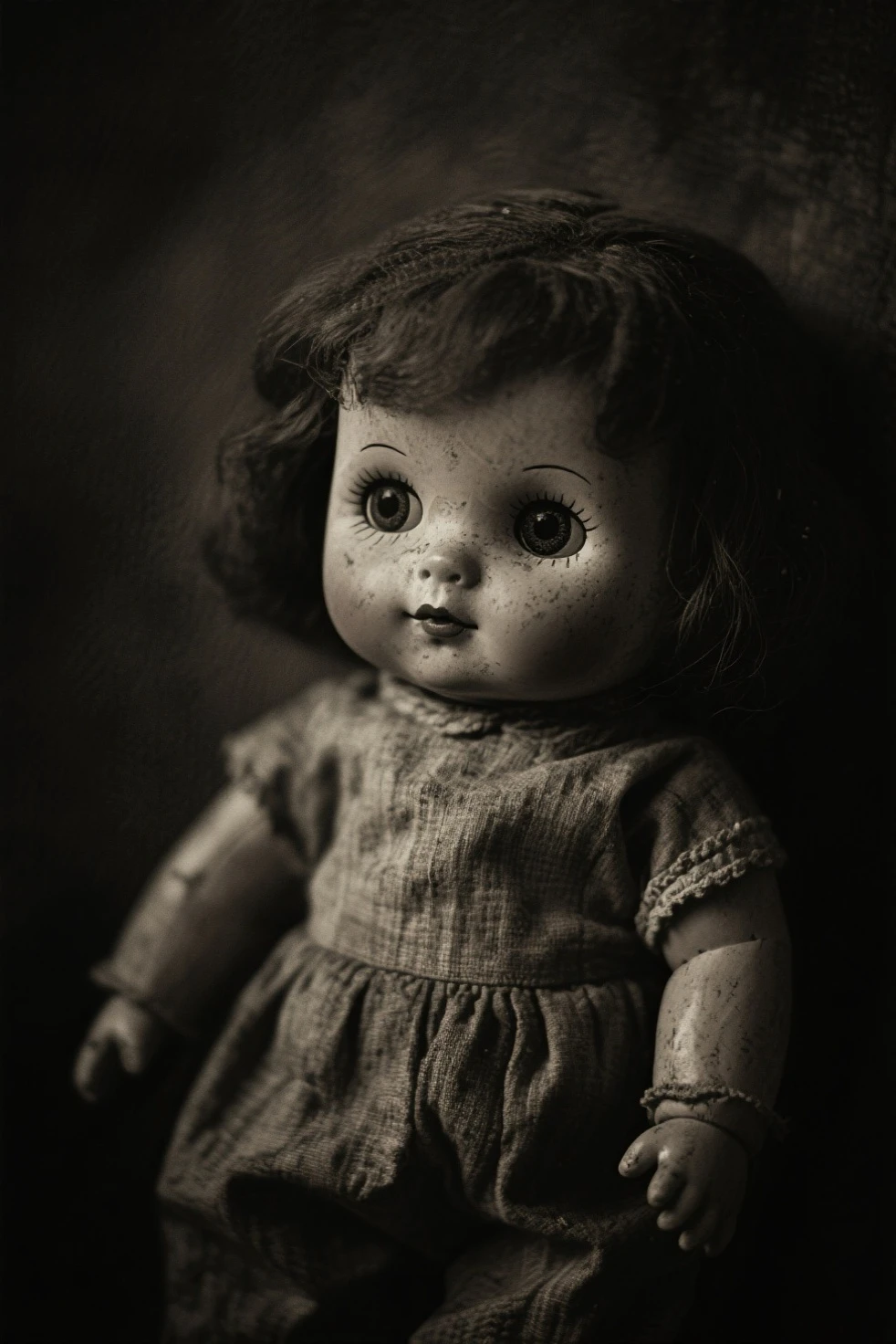 Grainy real Polaroid photo of a haunted doll.
Flash photography, It's dim, poorly lit, Dark Background, Spooky, nostalgic, at night, Moody atmosphere