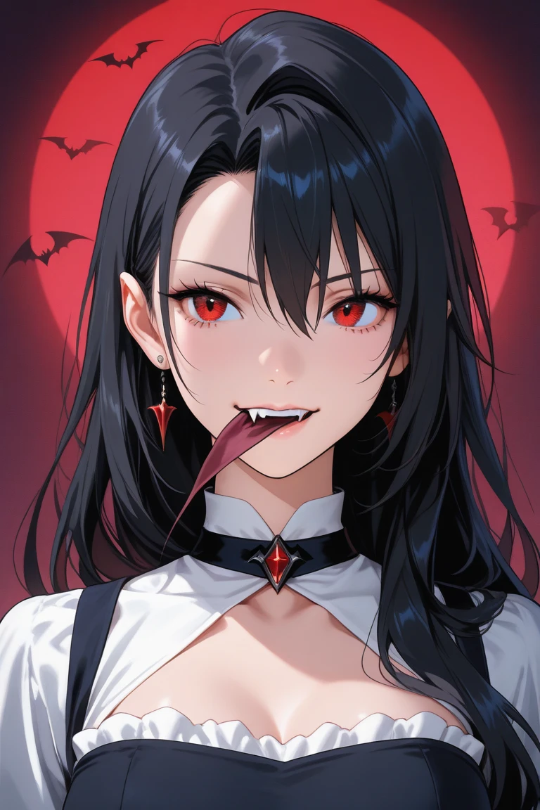 masterpiece, zoom out, score_9, score_8_up, score_7_up, portrait, 1 girl, alone, black hair, long hair, long parted bangs, white eyes, black sclera, (blood tears, small smile), evil, parted lips, expressionless, big breasts, upper body, V-neck strap basic dress, black bottom, best quality, long split bangs.