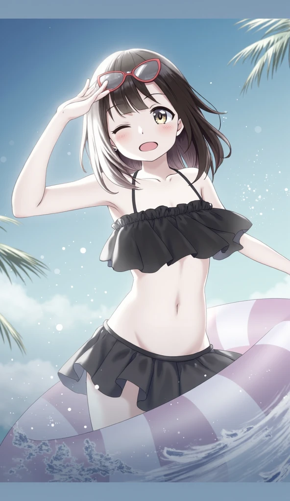 score 9, score 8 up, score 7 up,source_anime, 1girl,,cute,(:1.2), black hair, drill hair,(flat chest:1.3), (white:1.2) school swimsuit,beach,,looking at viewer, open mouth, (panic:1.2),blush,surprised, sole (wet:1.4), (see through:1.4),(covered chest with your hands:1.4),