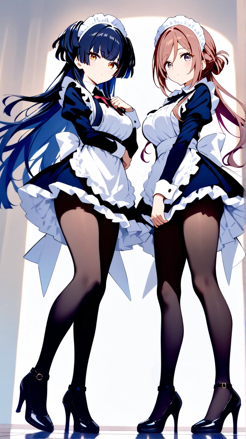 kyockcho, multiple girls, 2girls, apron, maid, thighhighs, twins, gloves, breasts, short sleeves, white gloves, frills, maid headdress, open mouth, dress, black footwear, shoes, full body, white background, looking at viewer, blush, puffy sleeves, siblings, simple background, choker, holding hands, puffy short sleeves, bangs, white apron, medium breasts, ass, short hair, black dress, frilled apron, smile, cleavage, sisters, hair between eyes, interlocked fingers, short dress, mary janes, maid apron, standing, black choker, frilled dress, standing on one leg, waist apron, bow, zettai ryouiki, back bow, white bow, thighs, looking back, blue hair, masterpiece, best quality,, masterpiece, best quality,