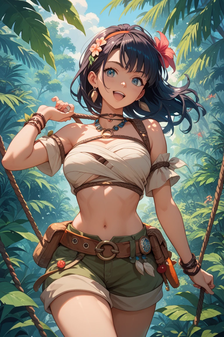 masterpiece, best quality, highres ,hmochako, blush stickers, short hair, medium breasts, cleavage, collarbone, sleeveless, <lora:uraraka_ochako_v1:0.8>,, feathers, tribal, headdress, navel, jewelry, midriff, native american, armlet, necklace, rainforest background, tattoo, look at viewer, bow,