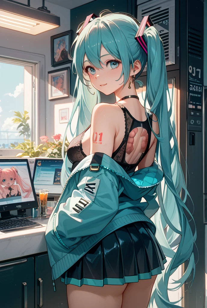 Lying on the bed、Studying on a laptop、Hatsune Miku in a bikini、Large Breasts、Beautiful night view outside the window