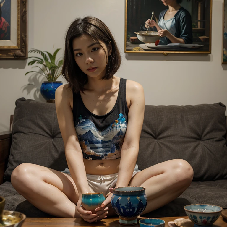 (very detailed 8k wallpaper), an 18 year old pakistani loli girl, particle lighting, high detail, dramatic, fooocus, juggernaut xl, short blue hair, hair roots fading, sitting in a cafe, pastel restaurant interior, wearing small tight sundress with flower pattern, hot pose, smirking