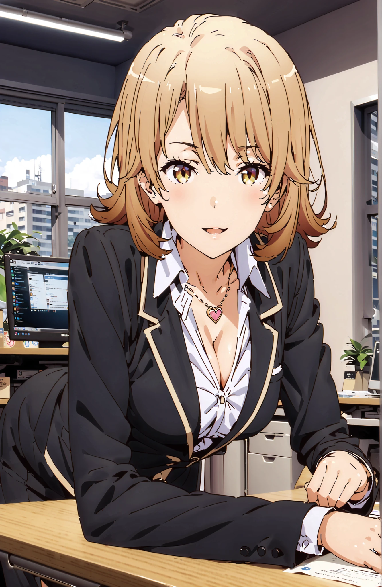 Iroha Isshiki, solo,short hair, brown hair, brown eyes in the bedroom,Medium breast,cleavage,heart shaped necklace,smile,blush,open your mouth,
OL,glasses,black suit jacket,  collared jacket, white dress shirt, collar shirt, neckline, button,black pencil skirt, is placed on the work desk, pin heels,sitting on a table,interior,The computer is on the table,curtains,window,morning, Beautiful Streetscapes,full bodyがイラストに入るように,in their 40s looking at viewer,full body,
in their 40s indoors, office,
in their 40s (masterpiece:1.2),Highest Quality ,Kampala,unity 8k 壁紙,(shape:0.8),( fine and beautiful eyes :1.6),It's a person ,full body写真,CG Details , (perfect hand in h,Complete Anatomy),