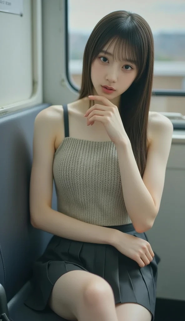 Sexy woman, long black luscious hair, seductive eyes, blushing, parted lips, black tank top, dark green jacket and skirt, sitting on desk, desperate
