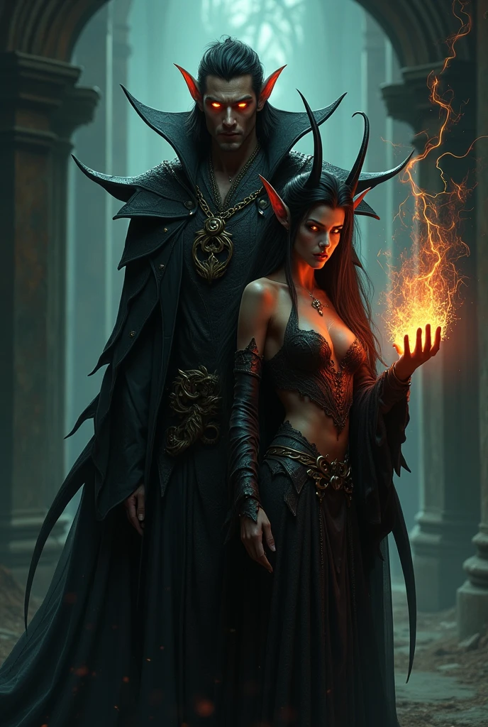 A dark, symbolic scene depicting a man and woman influenced by the Jezebel spirit. The man has a cold, controlling expression, with shadows and serpents coiling around him. His eyes faintly glow with a manipulative light. The woman, dressed in sinister, regal attire, has a haughty, cunning look, her eyes glowing red. Ghostly hands reach from the shadows around her, symbolizing control. Both figures emanate an eerie glow, set against a stormy, lightning-filled sky, representing their spiritual co