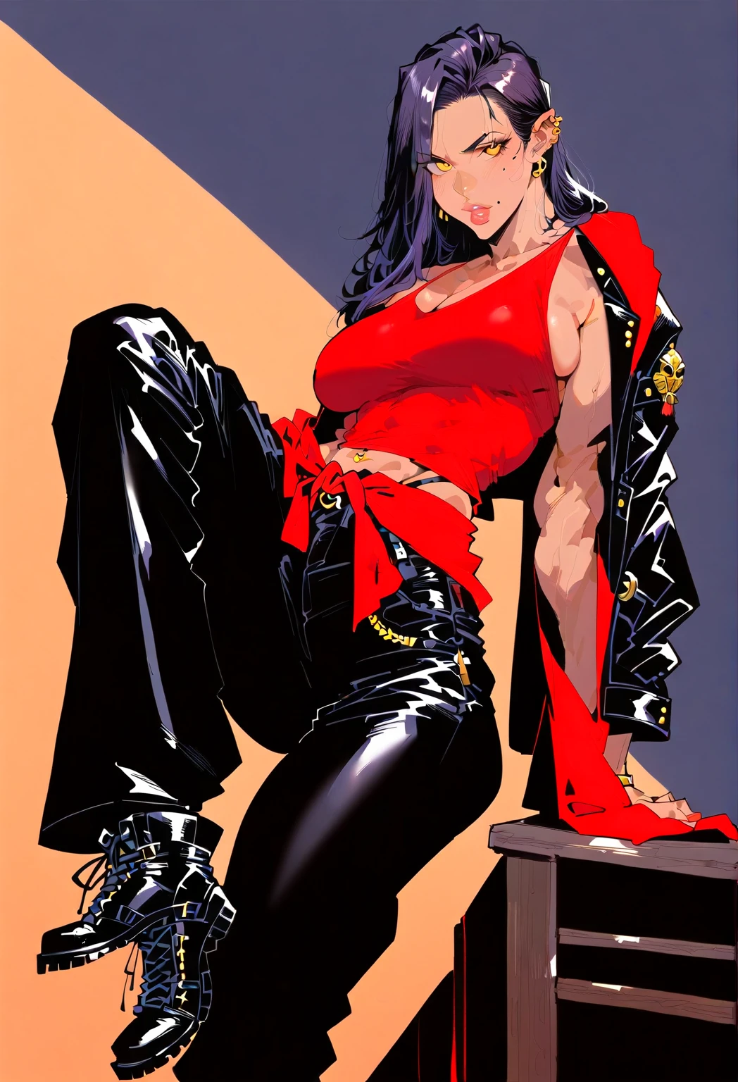 shinkawa youji, portrait, face focus, brushstrokes, retro artstyle, side view,  gradient, ((masterpiece)), best quality, illustration, (1girl, solo focus:1.4), (Accurate five-fingered hands), red hair, tomboy, pepper, spikey hair, short hair, (long locks:1.6), white tank top, ahoge, gradient eyes,  evil smile, black leather jacket, black collar, arm tattoo, (muscular:1.4), angry expression, <lora:yojiShinkawaStyle_offset:1>