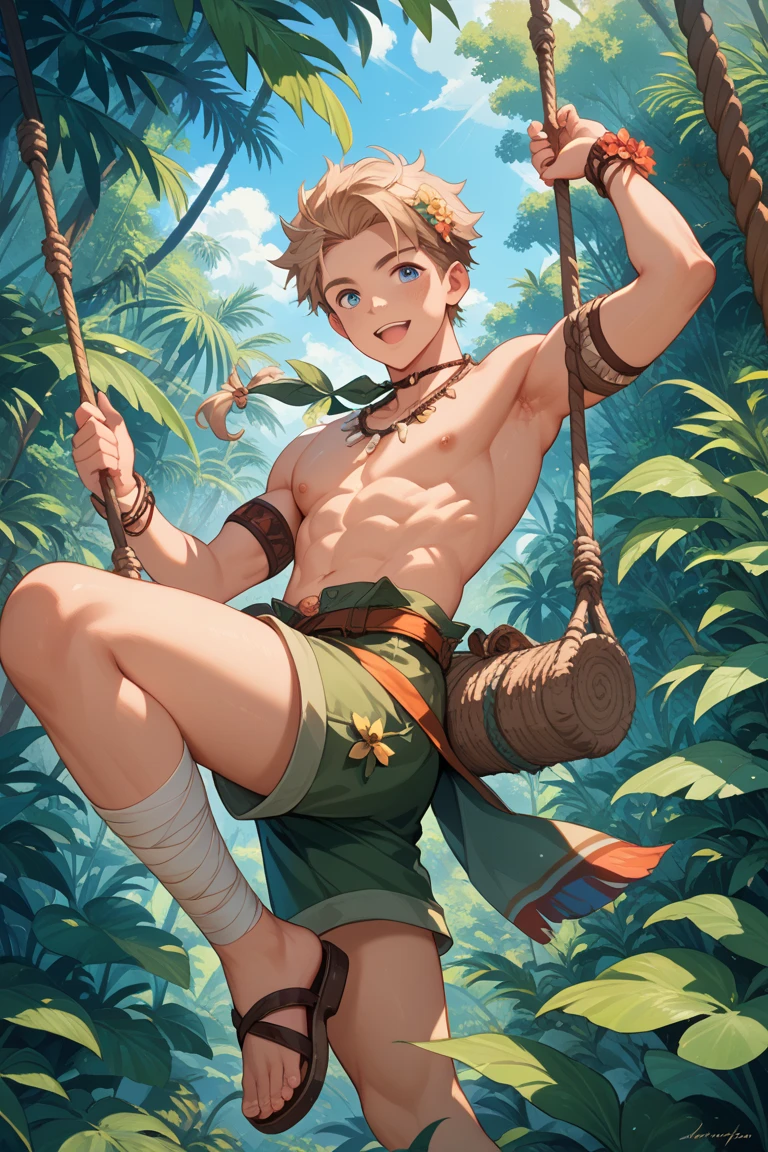 Very small male elf boy with blonde hair and green eyes without a shirt and wearing brown shorts, He is in a forest climbing a tree and his pants fall off, no tiene musculatura