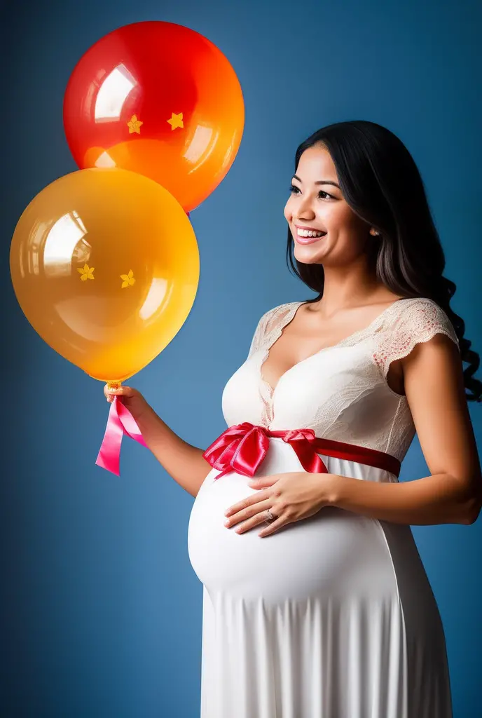 "Draw a playful scene in which a baby holds a reveal tea balloon, floating above the mother's belly. The mother is radiant, and the colors of the balloon reflect the surprise and anticipation of the moment. Capture the excitement of the baby's arrival announcement."no sex