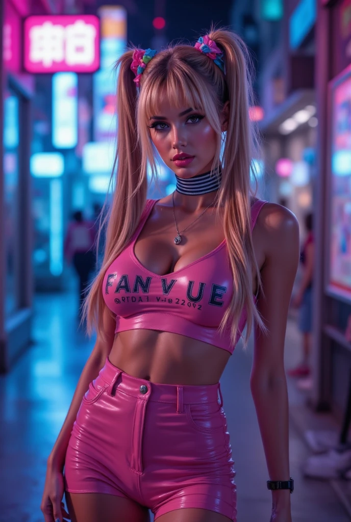 ((((Full body)))), «A breathtaking young rebel with golden champagne blonde hair styled into playful pigtails with bangs adorned with colorful ribbons, posing confidently against the neon-lit cityscape at blue hour. Her striking face features glossy lips, powdery pink cheeks, and shimmering blue eyeshadow, creating an irresistible mix of busty sweetness and rebellion. She wears a pink crop top with "FANVUE: @suriya-2025" lettering, a shiny vinyl mini-skirt, and high striped socks. Her sultry yet playful gaze meets the camera directly, exuding confidence. The background is a cinematic urban setting bathed in deep blue hour lighting, with neon pink and electric blue reflections creating a moody yet vibrant contrast. The lighting enhances the glossy textures of her outfit, making her stand out with a magnetic presence. Hyper-realistic detail, cinematic Vogue fashion photography style».