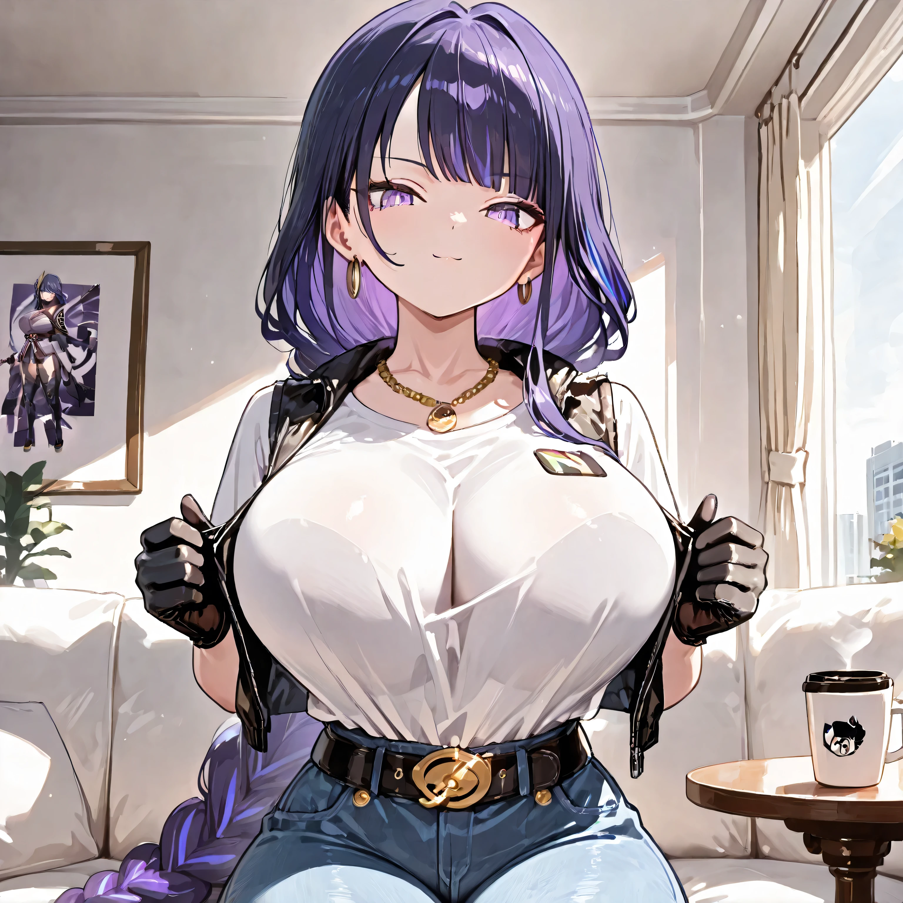 masterpiece, best quality, very aesthetic, absurdres, safe, raiden shogun, beautiful purple eyes ,long braided hair, long purple hair ,pony, android 18 costume ,wearing a white t-shirt layered over a black vest-style top. Her pants are light blue jeans with evident stitching and detailing, shirt tucked into pants,and she is wearing a gold-toned buckle belt.She is wearing a gold hoop earring ,gold beaded necklace.Her hands wearing black gloves, ultra very big breast, smile face, sexy pose, fullface body, serious face ,solo woman , anatomical details , drawstring , indoor , best qualit , good eye , sit on long sofa, apartement, drinking coffee, look a viewer , plump thighs , perfect background , Oppai / Large breasts slim body , only one woman , perfect big thighs , side , 8k resolution, android 18 costume, big ass, morning theme, windows