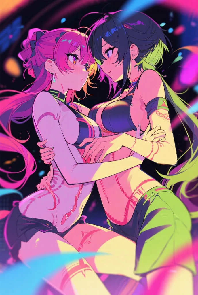 (melhor qualidade, master part), 2 women wearing bikini,  olhando uma para a outra vista lateral, The woman on the left is an emotionless psychopath, com cabelos castanhos e pontas verdes e rosas quentes, while wearing a black croptop with green eyes and smiling at the woman on the right, The woman on the right is emotionless and serious, She has black hair and has blue and pink braids while wearing a purple croptop with warm pink lips and there is a purple lighting on both women ;