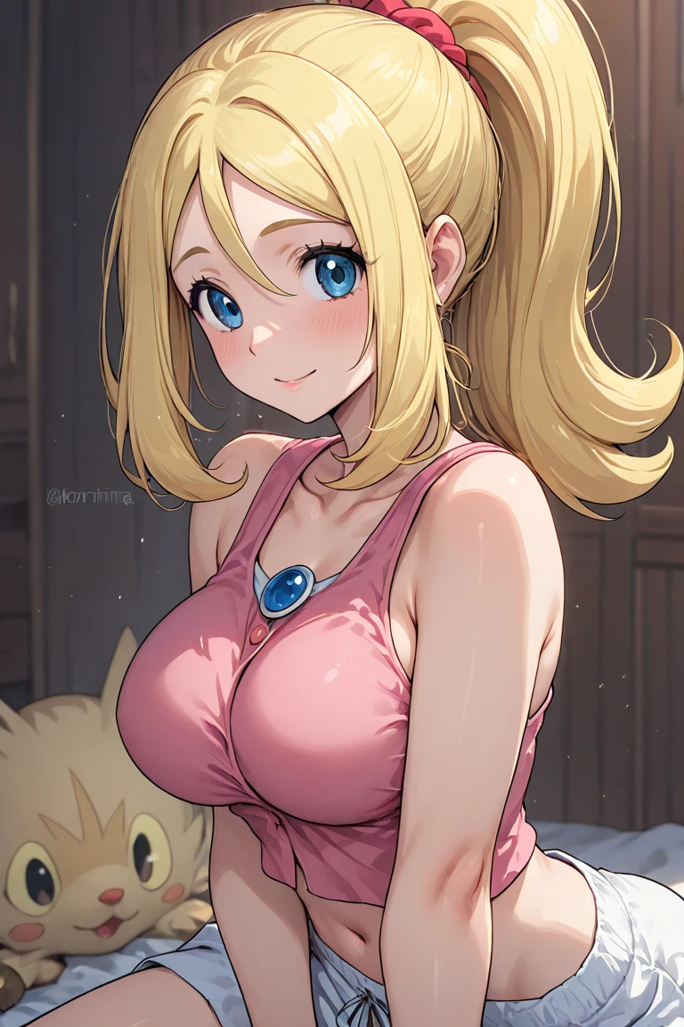 Rabbit girl High school student, solo, female, blonde hair, blue eyes, smiling, big breasts, cleavage, slim, small waist, small hips, japanese city, brick road, hands behind back, happy, looking at viewer, high quality