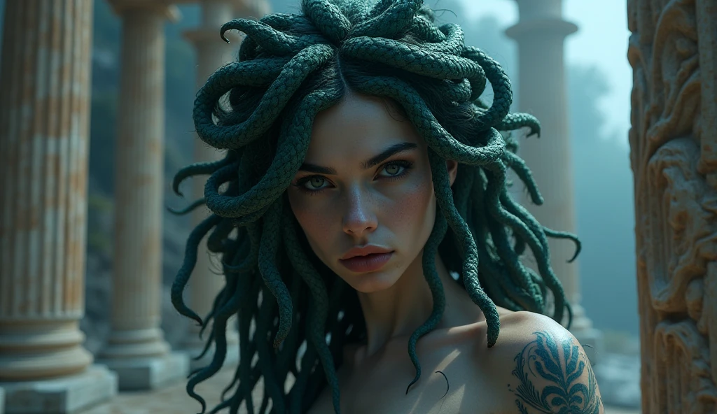 mythological figure medusa lush, Showing off your natural charm for a coffee shop, in the green and brown color palette