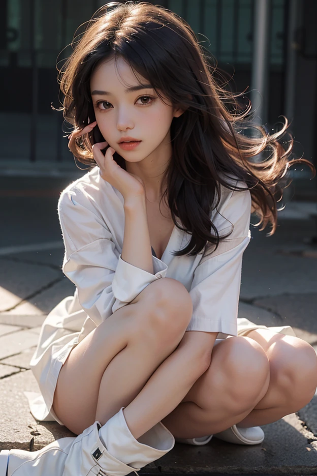 ulzzang-6500-v1.1, (Raw photo:1.2), (Photorealistic:1.4), Beautiful detailed girl, Very detailed eyes and face, Beautiful detailed eyes, Ridiculous, Incredibly ridiculous, Huge file size, Ultra detailed, High resolution, Very detailed, Best quality, Masterpiece, Kemomimi, ((Japan girls' high school thin white blouse)), illustration, Very detailed, CG, unified, 8k wallpaper, fantastic, fine detail, masterpiece, best quality, highly detailed cg uniform 8k wallpaper, light on face, movie lighting, 16 year old girl, (no bra), ((without panties)), ((dynamic pose))), (camel toe), (half), (bare feet), (sitting legs bending knees))