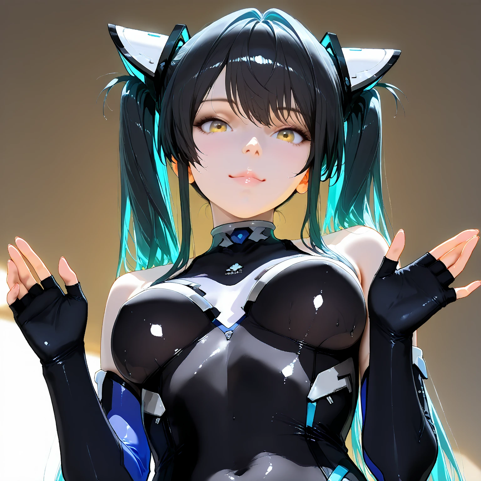 A highly detailed anime art style, a beautiful woman, solo standing:1.5, ((perfect human body)), bottomless, animal ears, bangs, blush, bodysuit, ((robotic parts)), breasts, large breasts, long hair, long sleeves, (looking to left), skin tight, smile, solo, twintails, very long hair, fantasy background, white gloves, (masterpiece:1.4), (shiny skin), light blue eyes, mini skirt