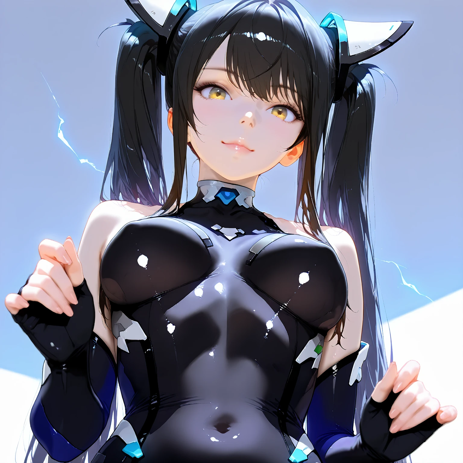 A highly detailed anime art style, a beautiful woman, solo standing:1.5, ((perfect human body)), bottomless, animal ears, bangs, blush, bodysuit, ((robotic parts)), breasts, large breasts, gray long hair, long sleeves, (looking to left), skin tight, smile, solo, twintails, very long hair, fantasy background, blak gloves, (masterpiece:1.4), (shiny skin), light blue eyes, mini skirt