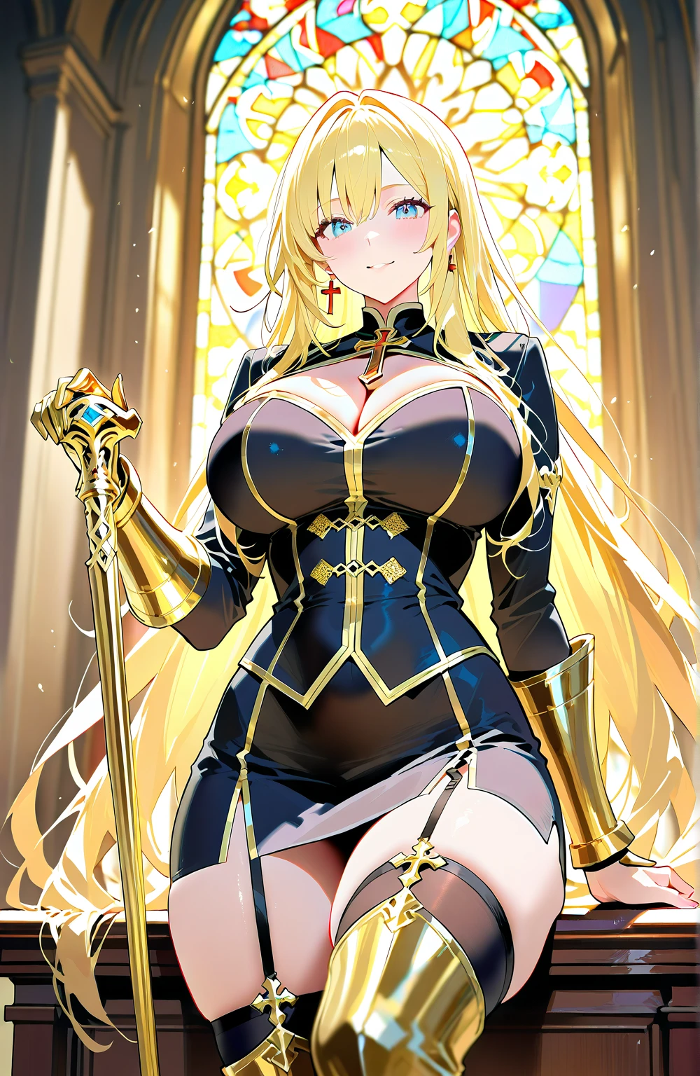 fantasy-style, 1girl, solo, masterpiece, best quality, detailed face, face focus, evil smile, long eyelashes, looking at viewer, dress, big breast, (cleavage), golden, jewelry, standing, (skirt lift), (lace trimmed panties), (cameltoe) ,(thong:1.2), shiny skin,