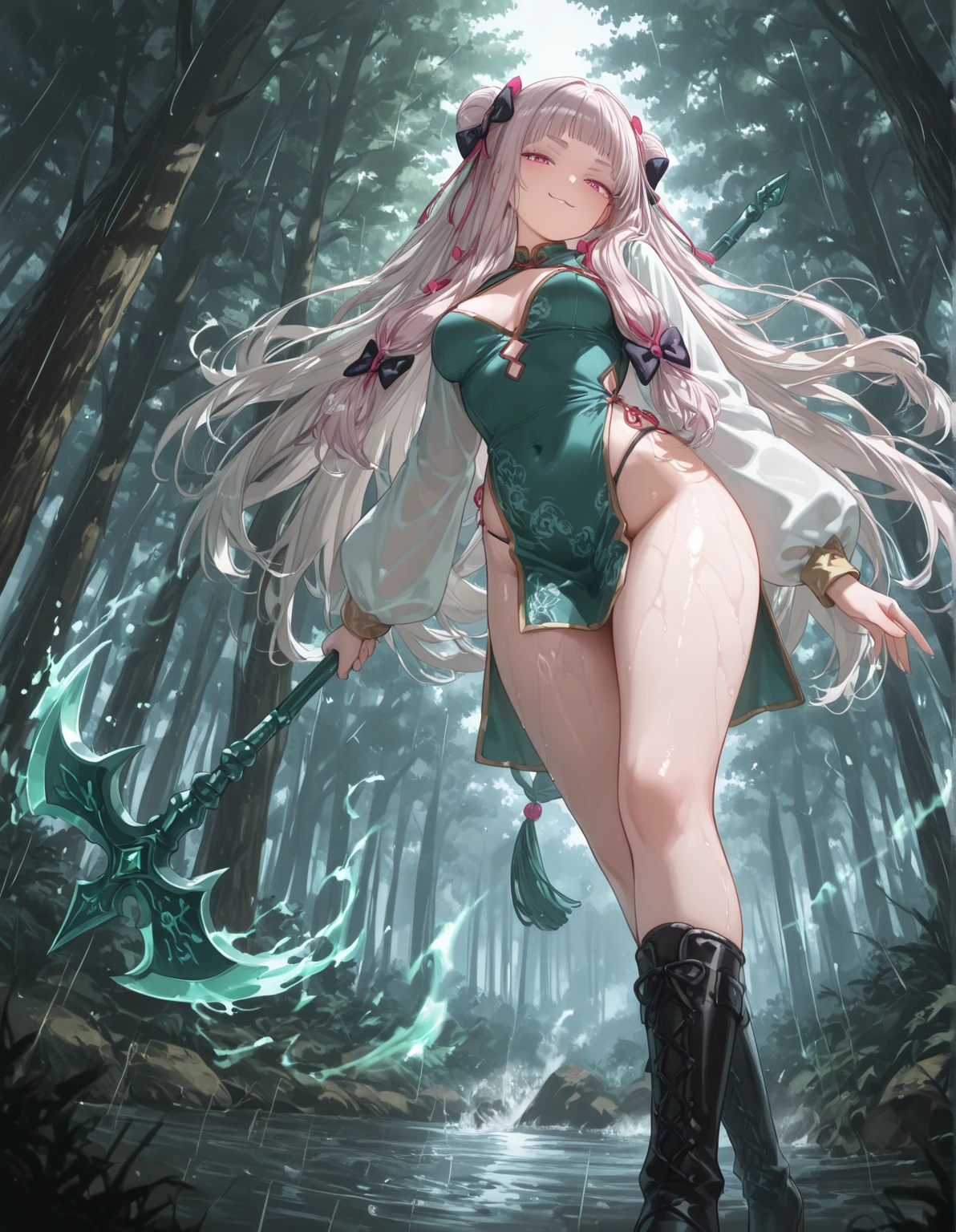 ((masterpiece, best quality)), Epic battlefield atmosphere,Delicate face,goddess,forest,whole body,Standing picture,glowing green eyes,Large Breasts,Gradient white long wavy hair,Perfect body proportions,Pure white background,firefly,Water Ripples,Lace,Transparent sex bikini,whip,chain