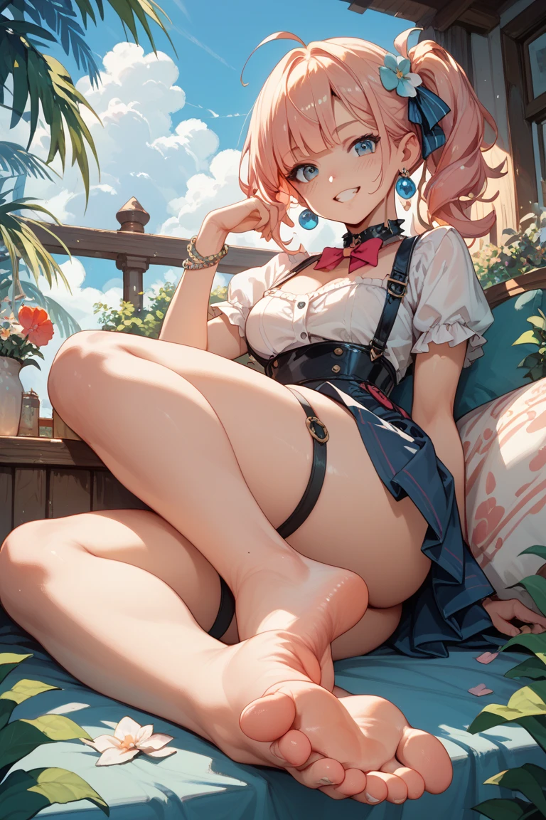 Score_9, score_8_up, score_7_up, score_6_up, source_anime, tan, horse ears, horse tail, gyaru, slutty_clothes, sitting on bench, (knee up), cowboy shot, fellatio gesture, heart, 1girl, solo, looking at viewer, blush, parted lips, gyaru, front-tie top, pleated skirt, green skirt, lace trimmed panties, cameltoe, white leg warmers, loose socks, loafers, clothes around waist, bracelet, curvy, voluptuous, large breasts, cleavage, midriff, outdoors, park, on bench, day, tree,