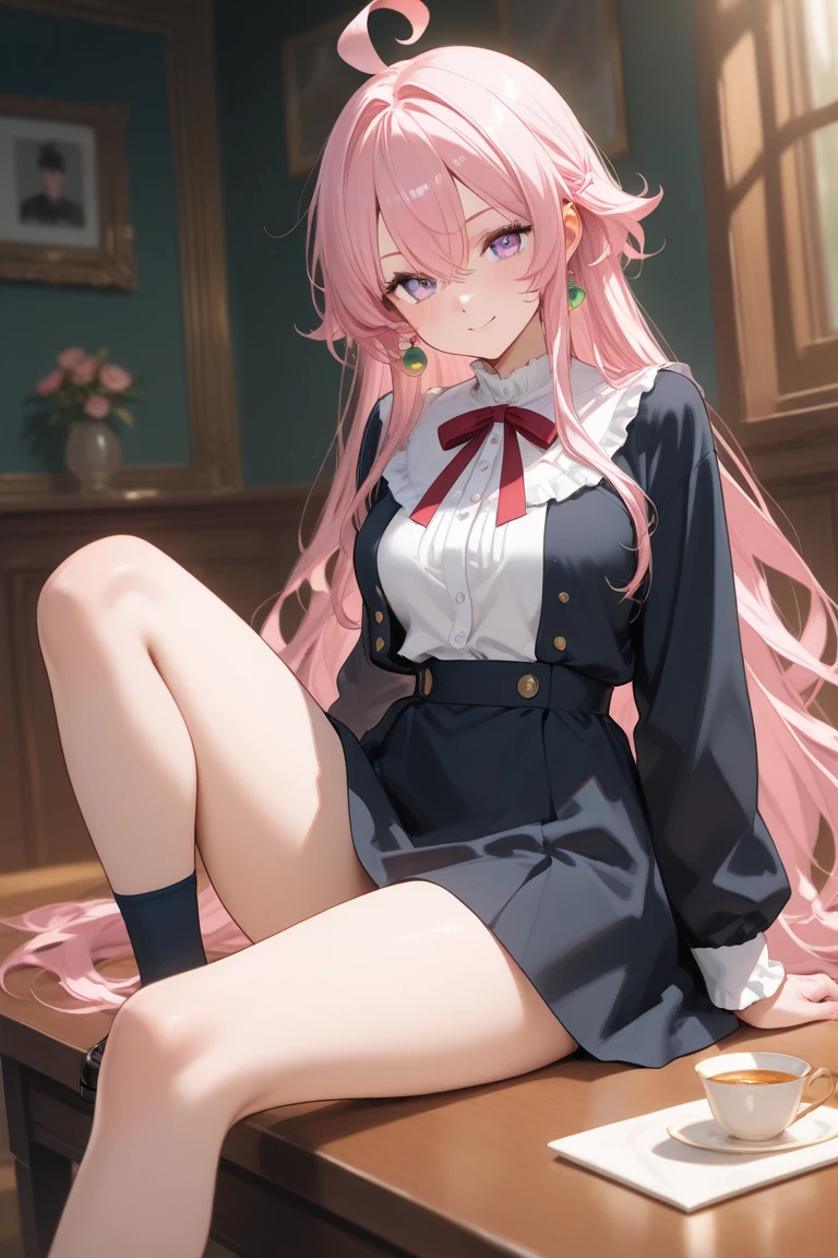 full body, masterpiece, 8k, ultra HD, sharp focus, details hair, beautiful hair, details face, beautiful detail eye, details pupil, perfect hand, vibrant colours, soft lighting.

1girl, long hair, ponytail, light blue-pink hair, dark green eyes, large breast, crop black sails suit, summer , white skirt, no school shoes, black panties, no socks.

in classroom, sit on desk, beside window, evening, nice clouds 