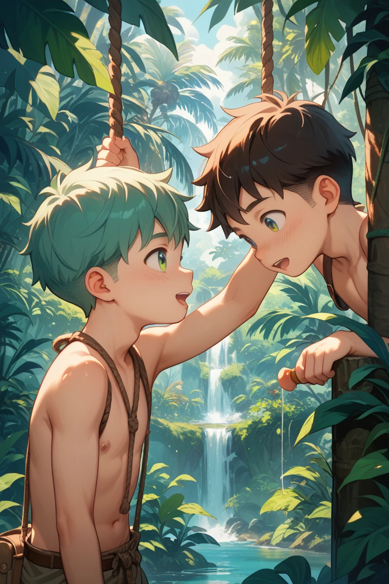 Two boys swimming together,Spring water,Small fish